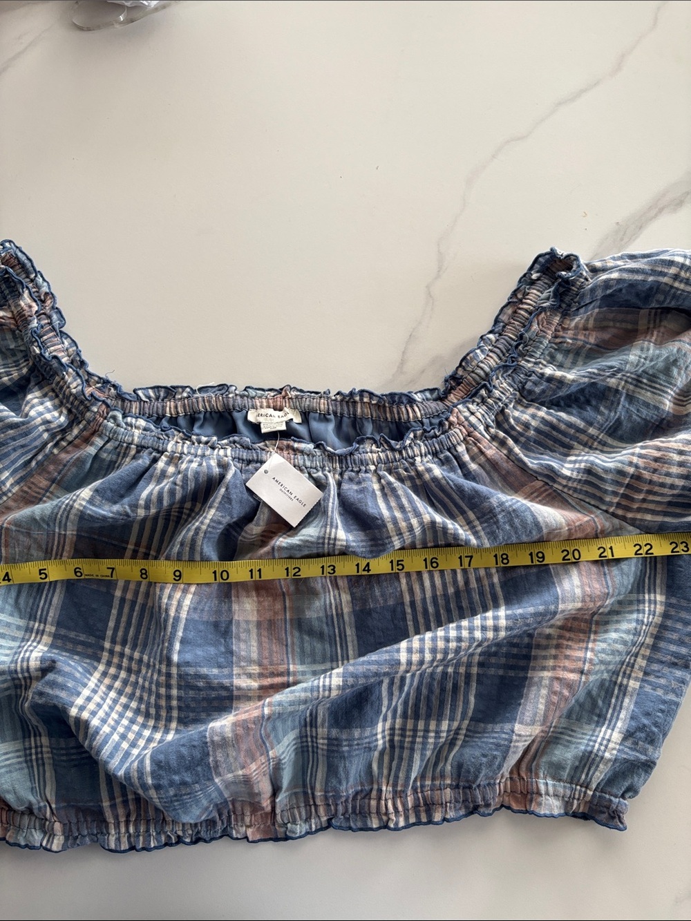 American Eagle Outfitters Blue and Cream Plaid Off-Shoulder lined Crop Top